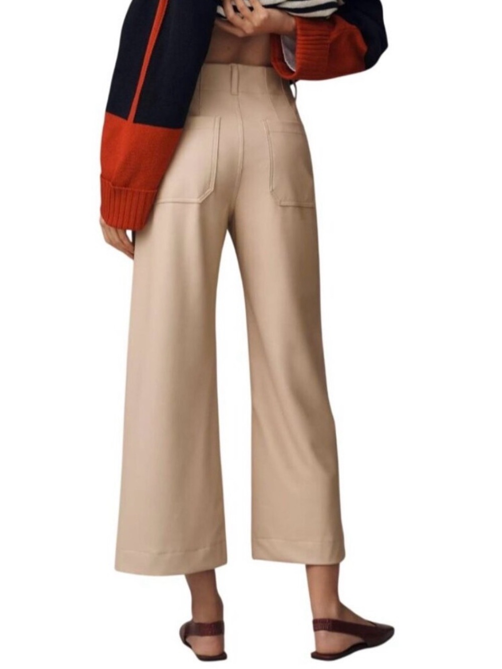 Maeve Colette Faux-Leather High-Rise Wide-Leg Cropped Pants in Cream size 28 - Picture 3 of 9